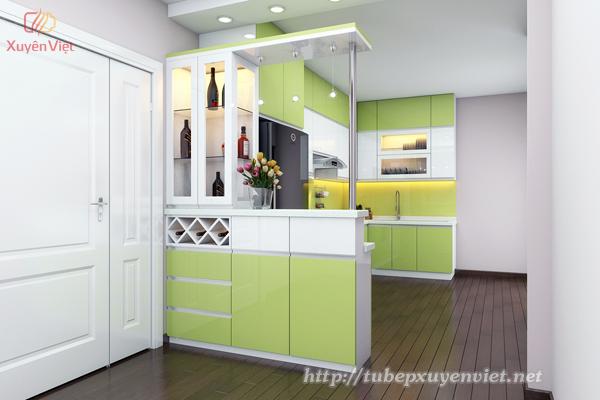 Thiết kế tủ bếp có quầy bar cho nhà chung cư -tủ bếp nhà anh Thắng Hòa Bình Green city
