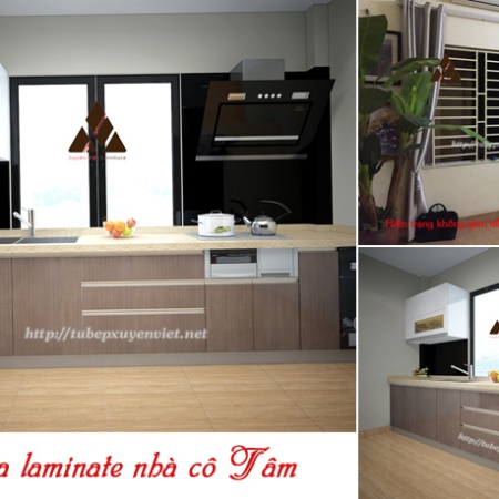 Tủ bếp đẹp bằng nhựa laminate giả gỗ cho nhà cô Tâm - Tôn Đức Thắng, Hà Nội