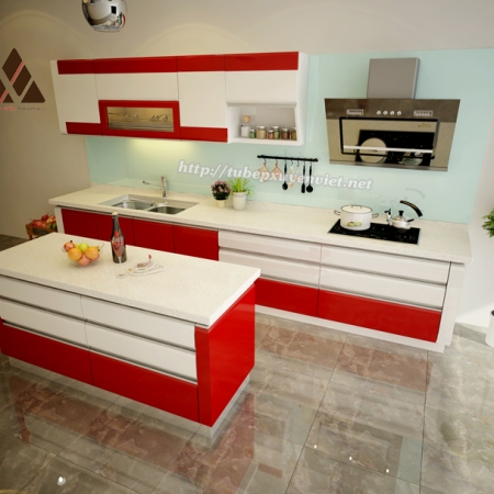 Tủ bếp đẹp chữ i có bàn đảo với tủ bếp bằng nhựa nhà anh cường - Hưng Yên